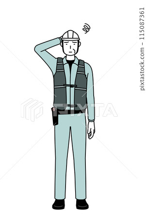 A senior male engineer wearing a helmet and work clothes scratching his head in confusion A senior male engineer wearing a helmet and work clothes scratching his head in confusion 115087361