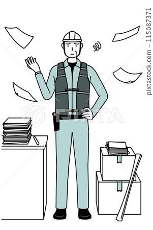 A senior male engineer in a helmet and work clothes tired of unfinished work A senior male engineer in a helmet and work clothes tired of unfinished work 115087371