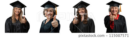 Beautiful woman over 50 in cap and gown for graduation ceremony. Elderly graduate. 115087571