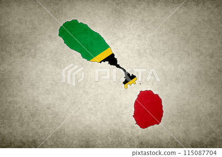 Map of Saint Kitts and Nevis with its flag printed on a paper Map of Saint Kitts and Nevis with its flag printed on a paper 115087704