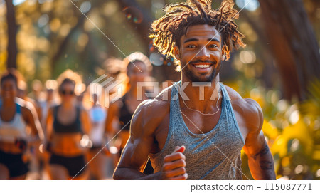 Motivational Fitness Trainer Encouraging Clients During Intense Cardio Session , AI generated Motivational Fitness Trainer Encouraging Clients During Intense Cardio Session , AI generated 115087771