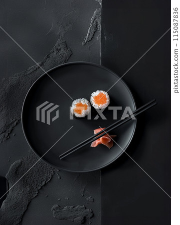 Sushi set with wasabi and ginger on black stone tray on black table. Top view. Sushi set with wasabi and ginger on black stone tray on black table. Top view. 115087836