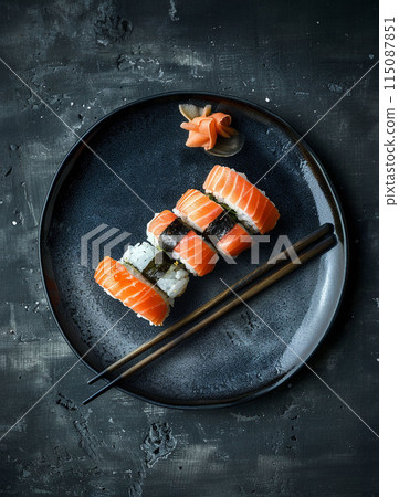Sushi set with wasabi and ginger on black stone tray on black table. Top view. Sushi set with wasabi and ginger on black stone tray on black table. Top view. 115087851
