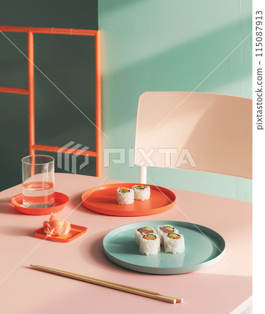 Product photo three plates of sushi and rolls on table in a restaurant or kitchen. 115087913