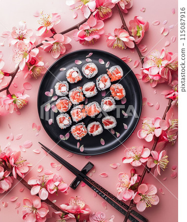 Aesthetic flat lay sushi plate with chopsticks over pink background with sakura branches as decor 115087916