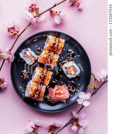 Aesthetic flat lay sushi plate with chopsticks over pink background with sakura branches as decor 115087919