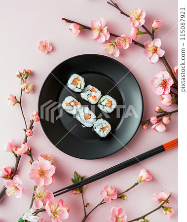 Aesthetic flat lay sushi plate with chopsticks over pink background with sakura branches as decor 115087921