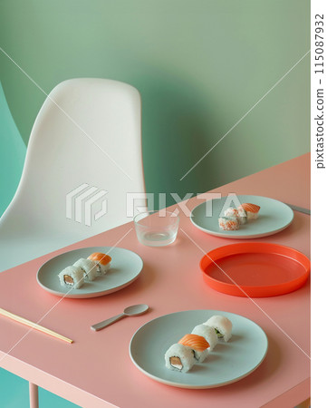 Creative layout flat lay sushi plate. Pastel colors Creative layout flat lay sushi plate. Pastel colors 115087932