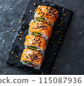 Minimal layout flat lay sushi with salmon on black plate over black background 115087936