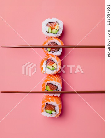 flat lay composition of three sushi rolls over chopsticks and pink background 115087951