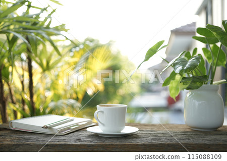 White coffee cup on wooden tray and notebook and Philodendron plant on wooden table under sunlight 115088109