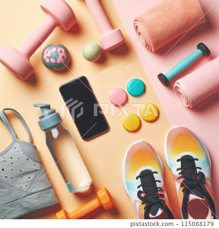 Flat lay composition with colorful fitness equipment, including shoes, water bottle, minimalism, copy space, neatly organized on a pastel backdrop Flat lay composition with colorful fitness equipment, including shoes, water bottle, minimalism, copy space, neatly organized on a pastel backdrop 115088179