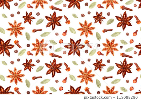 Star anise, cardamom, clove, black pepper watercolor seamless pattern on white. Spices with detailed texture and shades. Perfect for culinary, kitchen textile, wrapping paper, bags, spice containers Star anise, cardamom, clove, black pepper watercolor seamless pattern on white. Spices with detailed texture and shades. Perfect for culinary, kitchen textile, wrapping paper, bags, spice containers 115088280