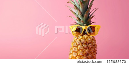Summer banner concept. Pineapple wearing sunglasses - summer background with copy space 115088370