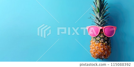 Summer banner concept. Pineapple wearing sunglasses - summer background with copy space Summer banner concept. Pineapple wearing sunglasses - summer background with copy space 115088392