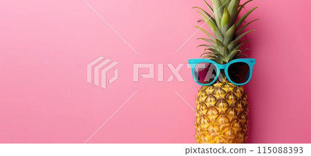 Summer banner concept. Pineapple wearing sunglasses - summer background with copy space Summer banner concept. Pineapple wearing sunglasses - summer background with copy space 115088393