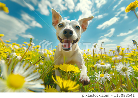 Funny close up of Jack Russel terrier standing in a field of flowers under a bright blue sky 115088541