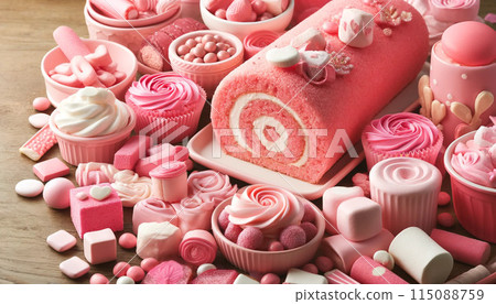Pink roll cake and sweets 115088759