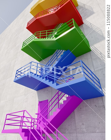 colourfull stair outside of building. 3D rendering colourfull stair outside of building. 3D rendering 115088822