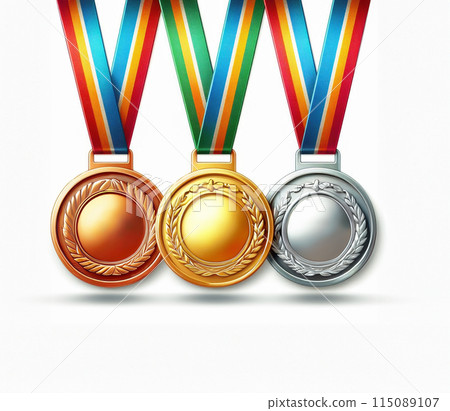 Gold, silver and bronze medals with colorful ribbon flat icons for sports apps 115089107