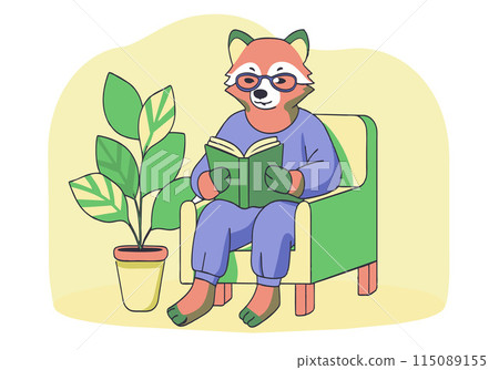 A cartoon bear is sitting in a chair reading a book 115089155