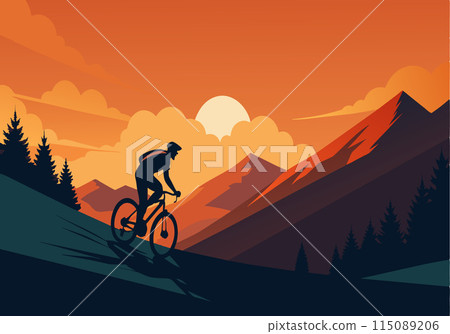 A man is riding a bike down a mountain trail A man is riding a bike down a mountain trail 115089206