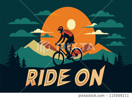 A man is riding a bike in a mountainous area A man is riding a bike in a mountainous area 115089211