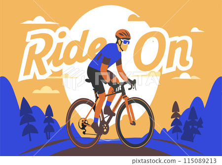 A man is riding a bicycle in a scenic landscape 115089213