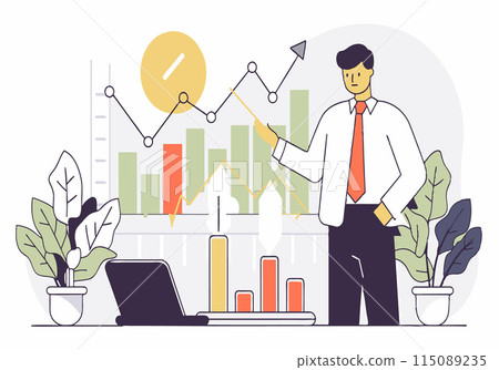 A man in a suit is standing in front of a graph with a pointer 115089235