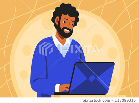 A man is sitting at a desk with a laptop in front of him 115089336
