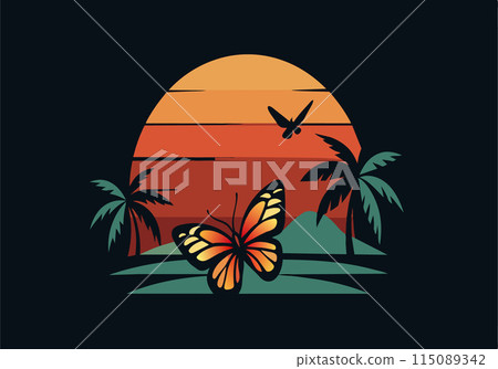 A butterfly is on a beach with palm trees in the background 115089342