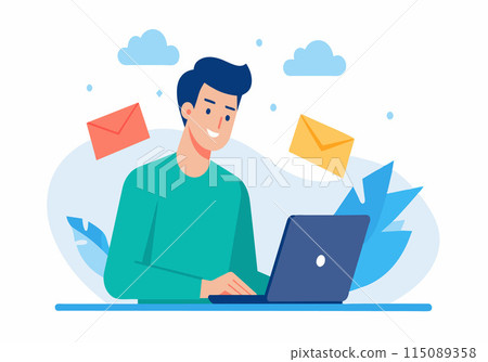 A man is sitting at a desk with a laptop and smiling 115089358