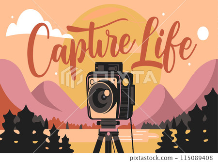 A camera is in the foreground of a landscape with mountains in the background A camera is in the foreground of a landscape with mountains in the background 115089408