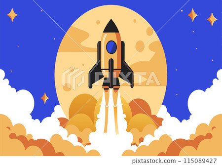 A rocket is flying through the sky above a large planet 115089427