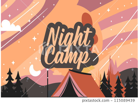 A poster for a night camp with a tent and a mountain in the background 115089439