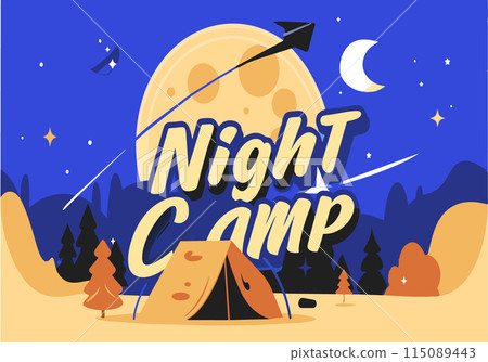 A poster for a night camp with a tent and a moon in the sky 115089443