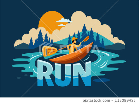 A woman is paddling a canoe in a river A woman is paddling a canoe in a river 115089455