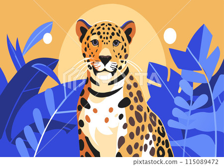 A leopard is standing in a jungle with leaves and trees A leopard is standing in a jungle with leaves and trees 115089472