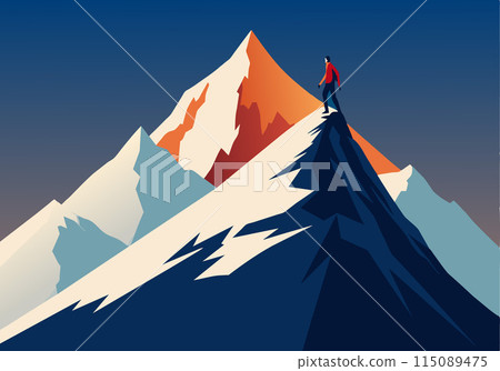 A man is standing on a mountain top, looking out over the landscape A man is standing on a mountain top, looking out over the landscape 115089475