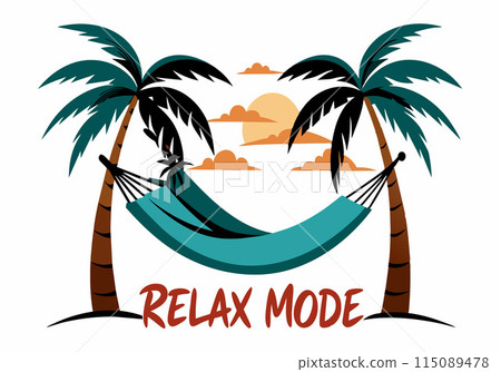 A relaxing scene with two palm trees and a hammock 115089478