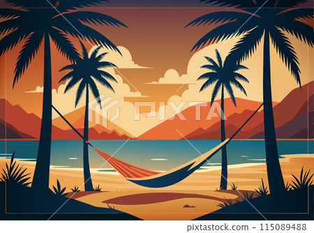 A tropical beach scene with a hammock hanging between two palm trees A tropical beach scene with a hammock hanging between two palm trees 115089488