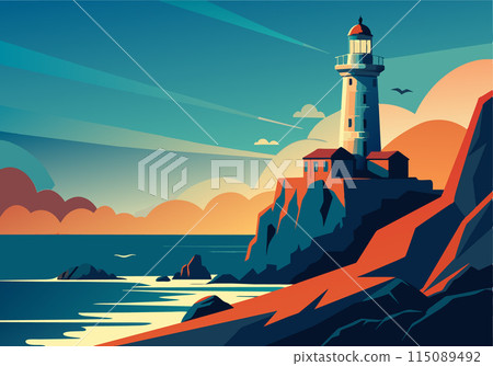 A lighthouse is on a rocky cliff overlooking the ocean 115089492