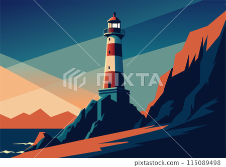 A lighthouse is on a rocky shoreline with a blue sky in the background A lighthouse is on a rocky shoreline with a blue sky in the background 115089498