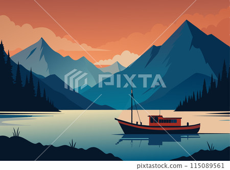 A boat is floating on a lake in front of a mountain range 115089561