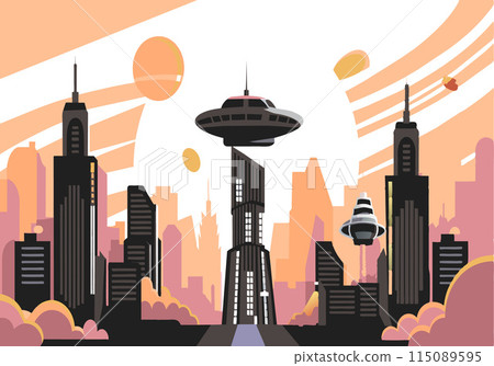 A cityscape with a large building in the middle and a spaceship flying above it 115089595