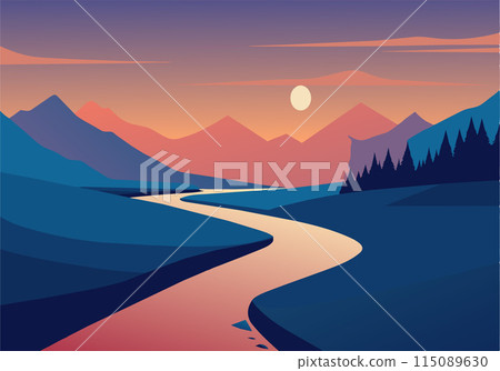 A beautiful mountain landscape with a river running through it A beautiful mountain landscape with a river running through it 115089630