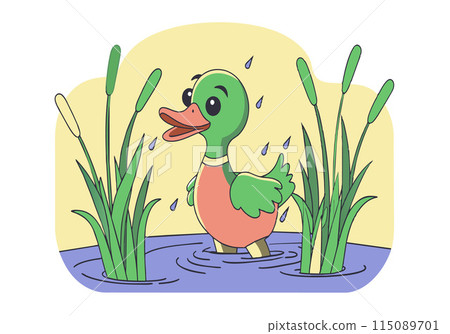 A cartoon duck is walking through a pond with green and yellow grass 115089701