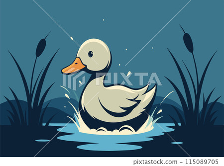 A cartoon duck is swimming in a pond 115089705