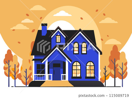 A blue house with a porch and a chimney A blue house with a porch and a chimney 115089719
