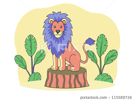 A cartoon lion is sitting on a log in a jungle 115089726